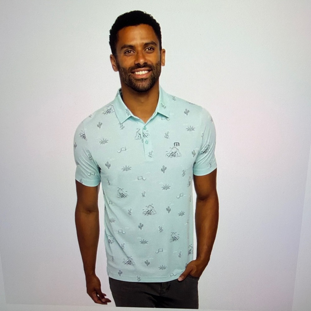 Travis Mathew Mint Short-Sleeve Polo with Micro Print, no logo